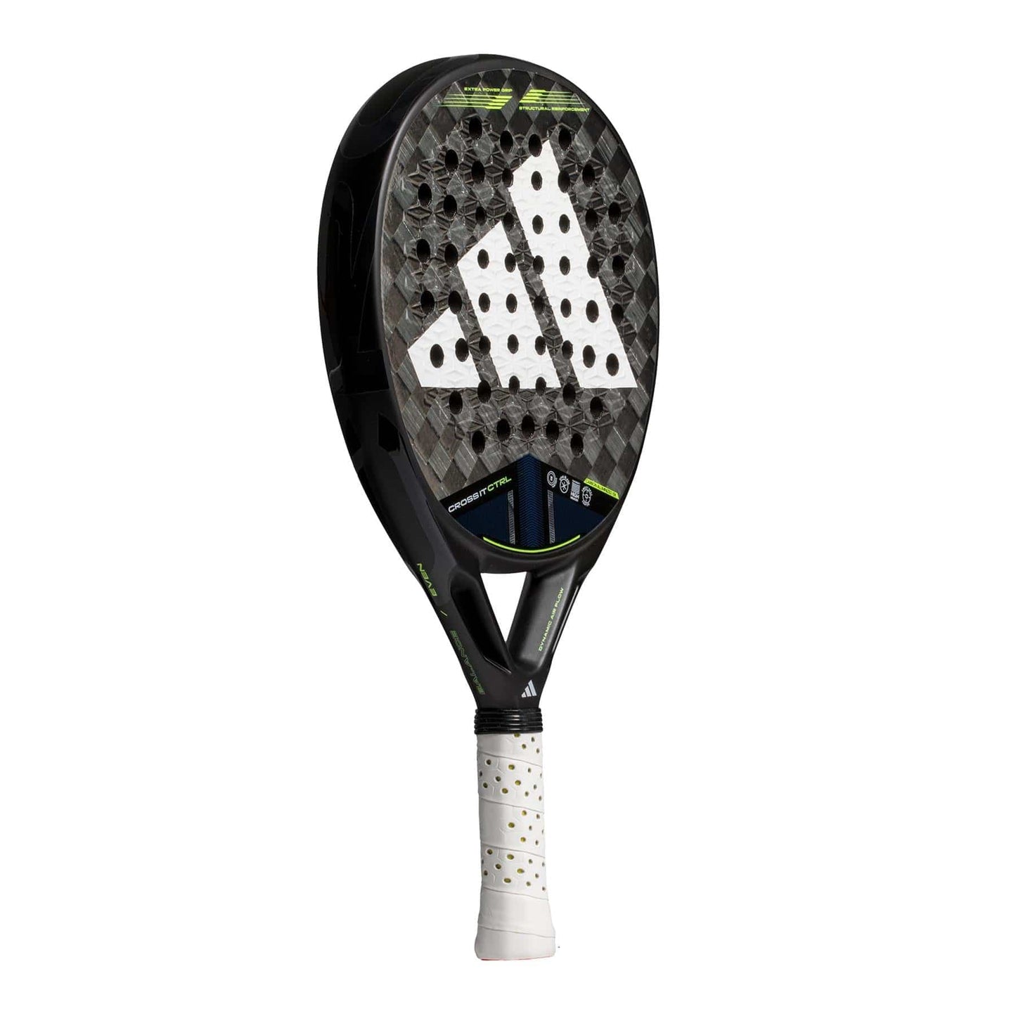The adidas ADIDAS Cross It CTRL 3.4 Padel Racket features a black and grey Carbon 15K face, white perforated surface, green accents, and a white grip handle with black dots. The adidas logo stands out on the racket face.
