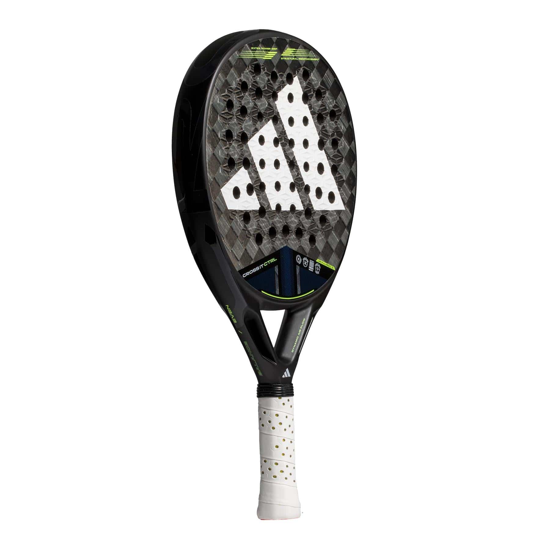 The adidas ADIDAS Cross It CTRL 3.4 Padel Racket features a black and grey Carbon 15K face, white perforated surface, green accents, and a white grip handle with black dots. The adidas logo stands out on the racket face.
