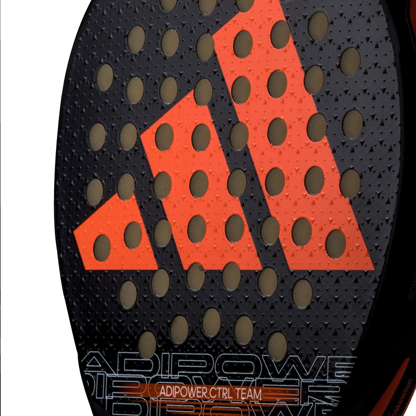 Close-up of the adidas Adipower CTRL Team 3.3 padel racket in black and orange, with the adidas logo, textured surface, and circular holes—designed for precision control on the court.