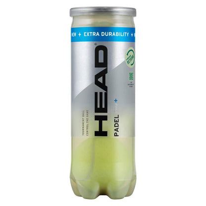 The HEAD Padel Pro+ Padel Balls come in a sleek silver and blue cylindrical tube, endorsed by the Spanish Padel Federation for its "Extra Durability." The transparent bottom reveals three vibrant yellow padel balls inside.