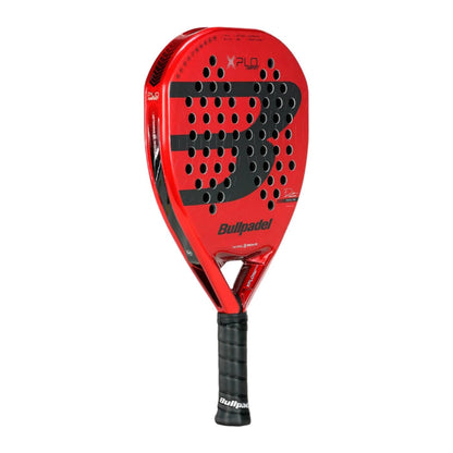 The Bullpadel Xplo Comfort 2025 Padel Racket features a bold red design, black holes, a large black "B" logo, black grip, and "XPLO" on top—ideal for players seeking explosive power on the court.