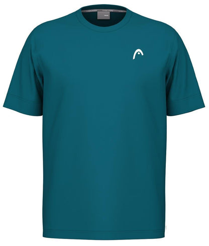 The HEAD Slice II Men's Padel T-Shirt in teal features a small white chest logo, a round neckline, and relaxed fit. Made from polyester interlock fabric, it incorporates Moisture Transfer Microfiber technology for superior comfort.