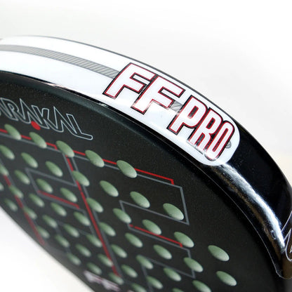 Close-up of the Karakal FF Pro 375 Padel Racket, showing "FF PRO" in bold white and red. Designed for advanced players by Karakal, it has multiple circular holes and a geometric pattern on the surface to boost spin shots.