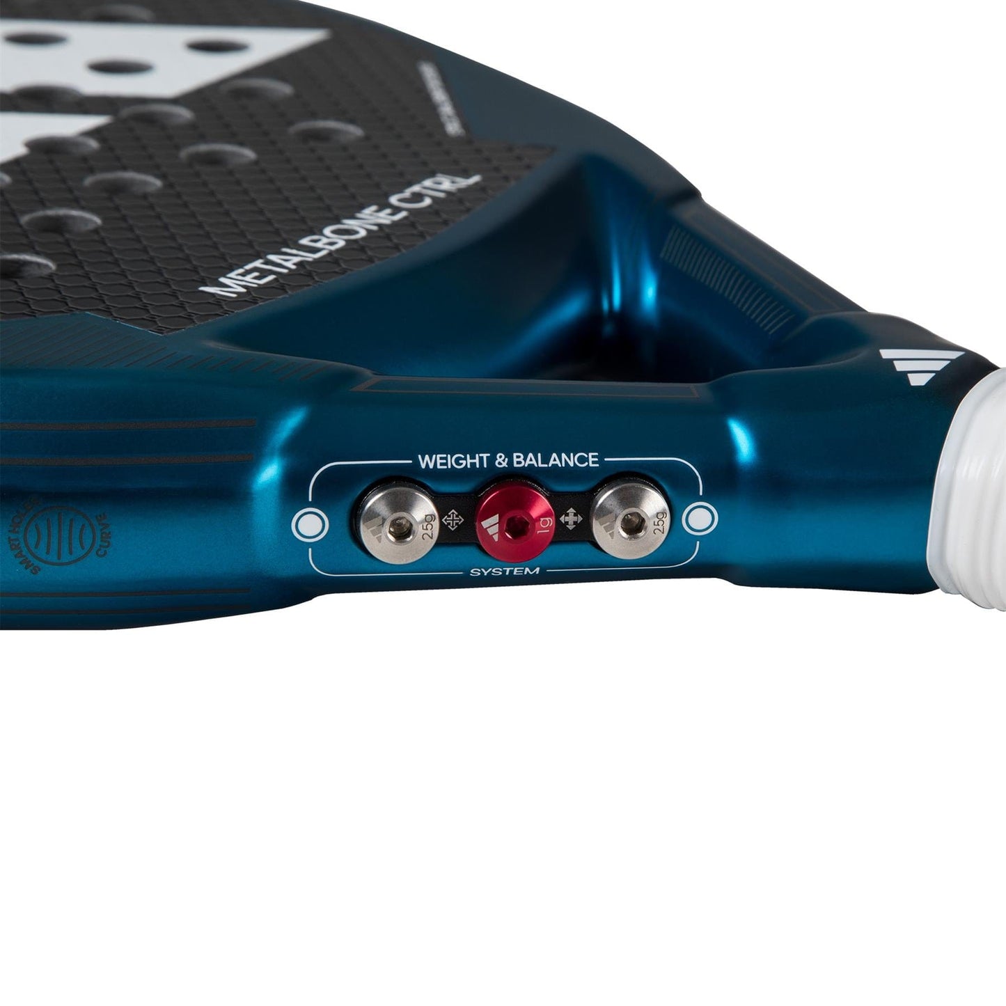 Close-up of the adidas Metalbone CTRL 3.3 Padel Racket’s bridge, highlighting its “Weight & Balance System” with two adjustable screws and a red center knob. The textured surface and part of the white handle are also visible.