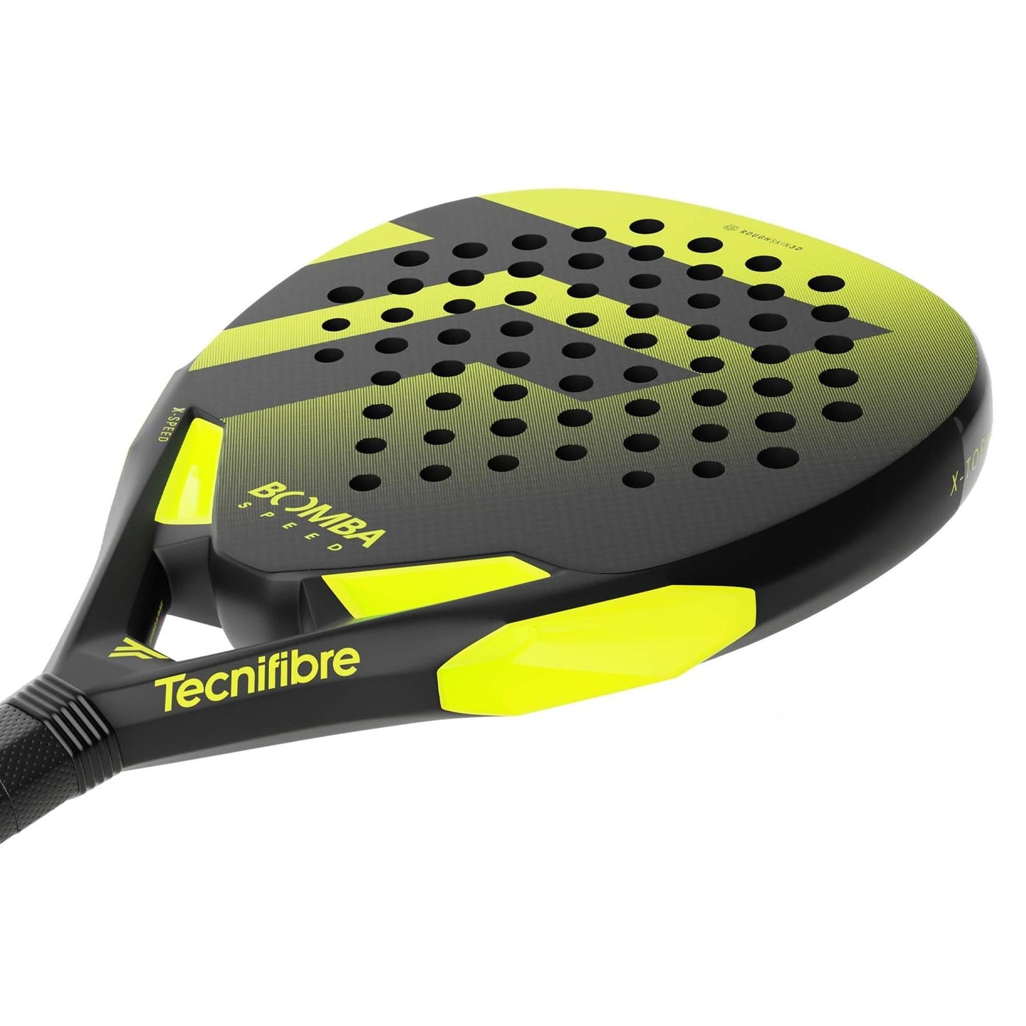 Close-up of the Tecnifibre Bomba Speed Padel Racket—an offensive racket with a black and yellow design, textured face, multiple perforations, soft foam core, and visible Tecnifibre and "Bomba" branding.