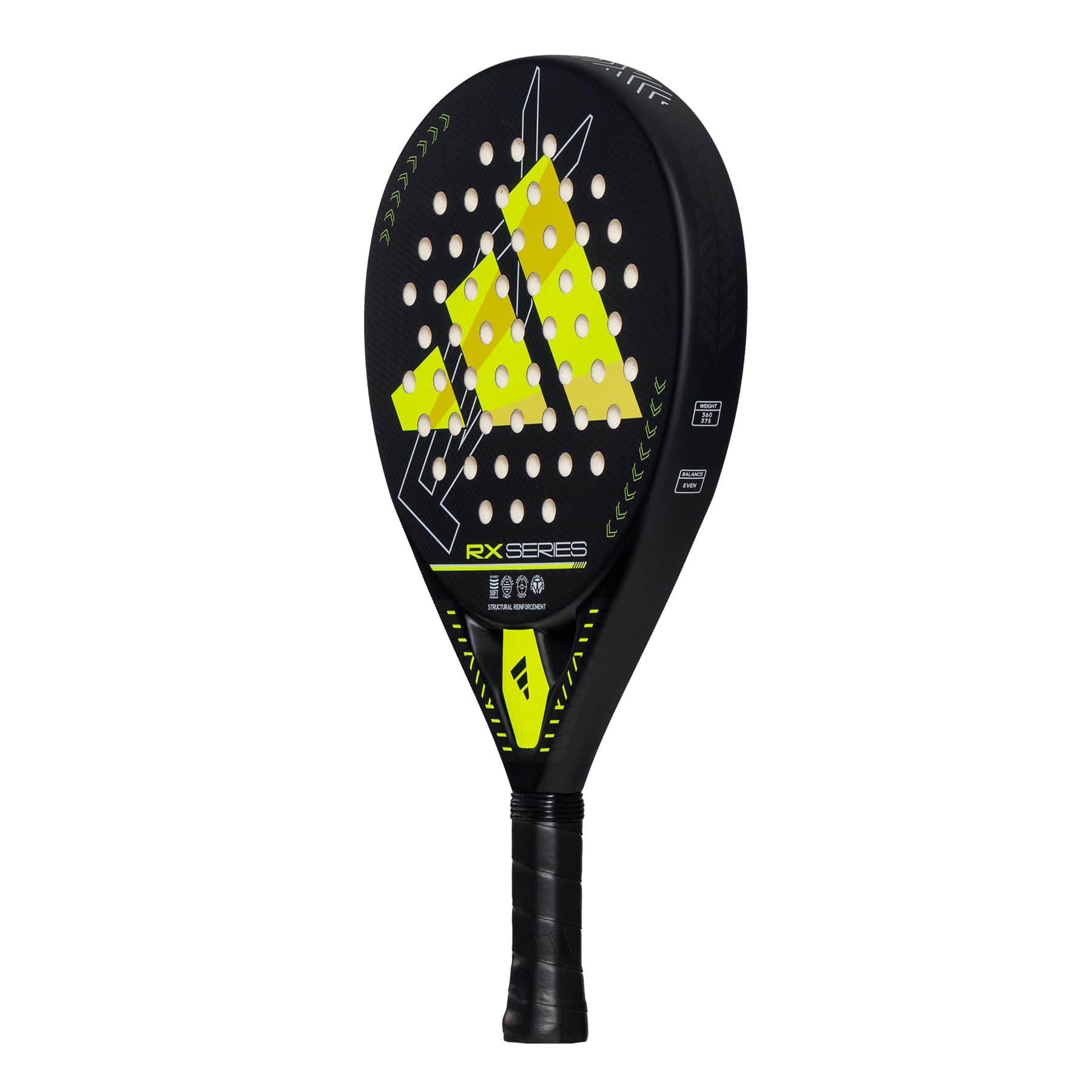 The adidas RX Series Lime 3.4 Padel Racket features a black design with yellow accents, a large Adidas logo, perforated round head, and wrapped grip handle—ideal for intermediate padel players.