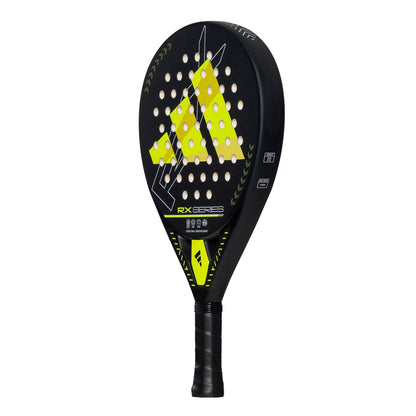 The adidas RX Series Lime 3.4 Padel Racket features a black design with yellow accents, a large Adidas logo, perforated round head, and wrapped grip handle—ideal for intermediate padel players.