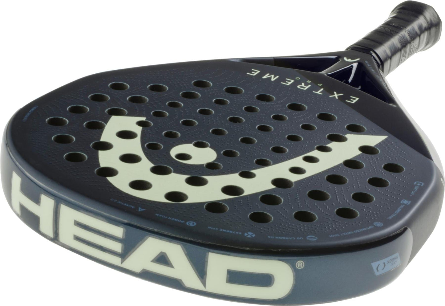 The HEAD Extreme Pro 2025 Padel Racket features a black frame, bold white logo, multiple circular holes, and "EXTREME" near the handle—making it an ideal power racket for advanced players. Brand: HEAD.