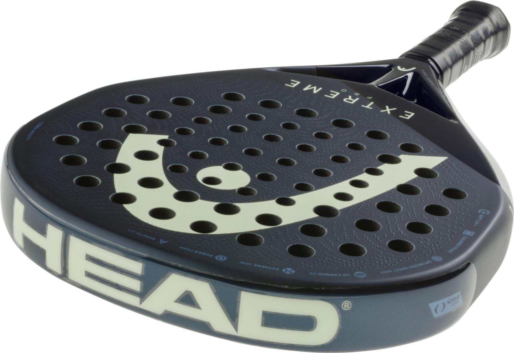 The HEAD Extreme Pro 2025 Padel Racket features a black frame, bold white logo, multiple circular holes, and "EXTREME" near the handle—making it an ideal power racket for advanced players. Brand: HEAD.
