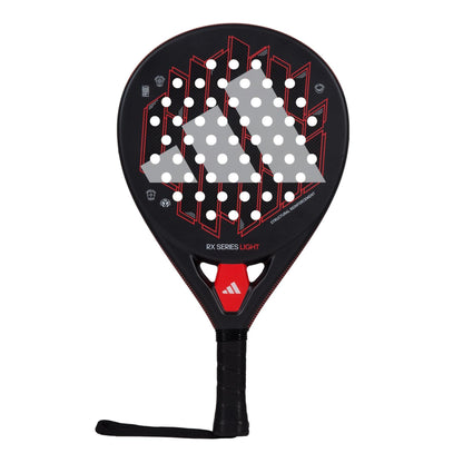 The adidas RX Series Light Padel Racket features a black frame with red and white accents, silver Adidas logo with white circles on the face, a lightweight build, and a black handle with wrist strap.