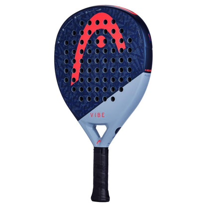 The HEAD Vibe 2025 Blue / Red Padel Racket by HEAD features an oversized teardrop shape, blue and dark blue design, bold red logo, "VIBE" label, power foam construction, multiple holes on the face, and a black textured grip handle.