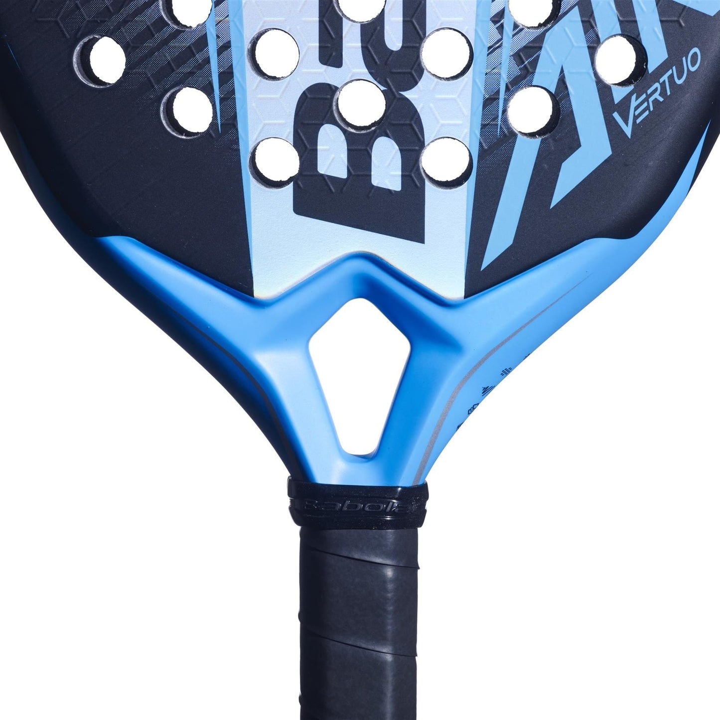 Close-up of the throat and handle of the Babolat Air Vertuo 2.6 Padel Racket, a lightweight Babolat racket designed for control and comfort, featuring circular holes on its blue and black face with "VERTUO" printed on the surface.