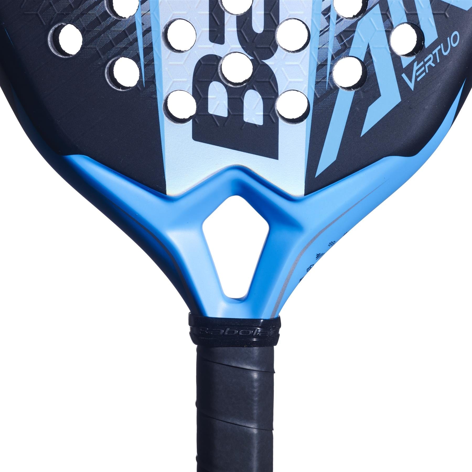 Close-up of the throat and handle of the Babolat Air Vertuo 2.6 Padel Racket, a lightweight Babolat racket designed for control and comfort, featuring circular holes on its blue and black face with "VERTUO" printed on the surface.
