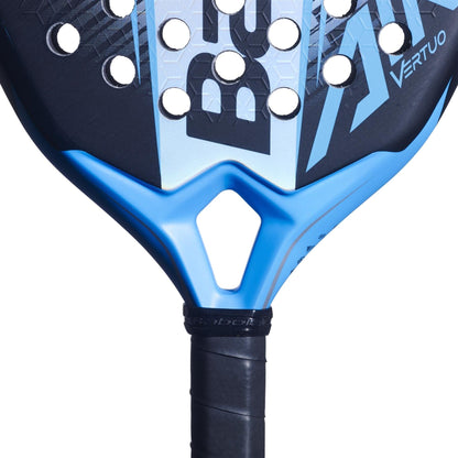 Close-up of the throat and handle of the Babolat Air Vertuo 2.6 Padel Racket, a lightweight Babolat racket designed for control and comfort, featuring circular holes on its blue and black face with "VERTUO" printed on the surface.