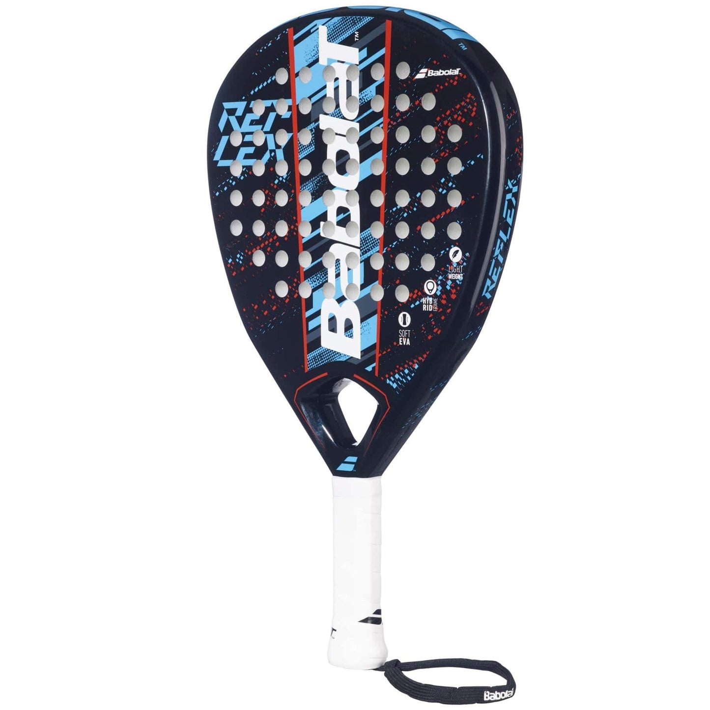 The Babolat Reflex Padel Racket features a black and blue diamond-shaped design, white grip, large logo on the face, multiple holes, wrist strap, and is crafted from fiberglass carbon fiber for top performance.