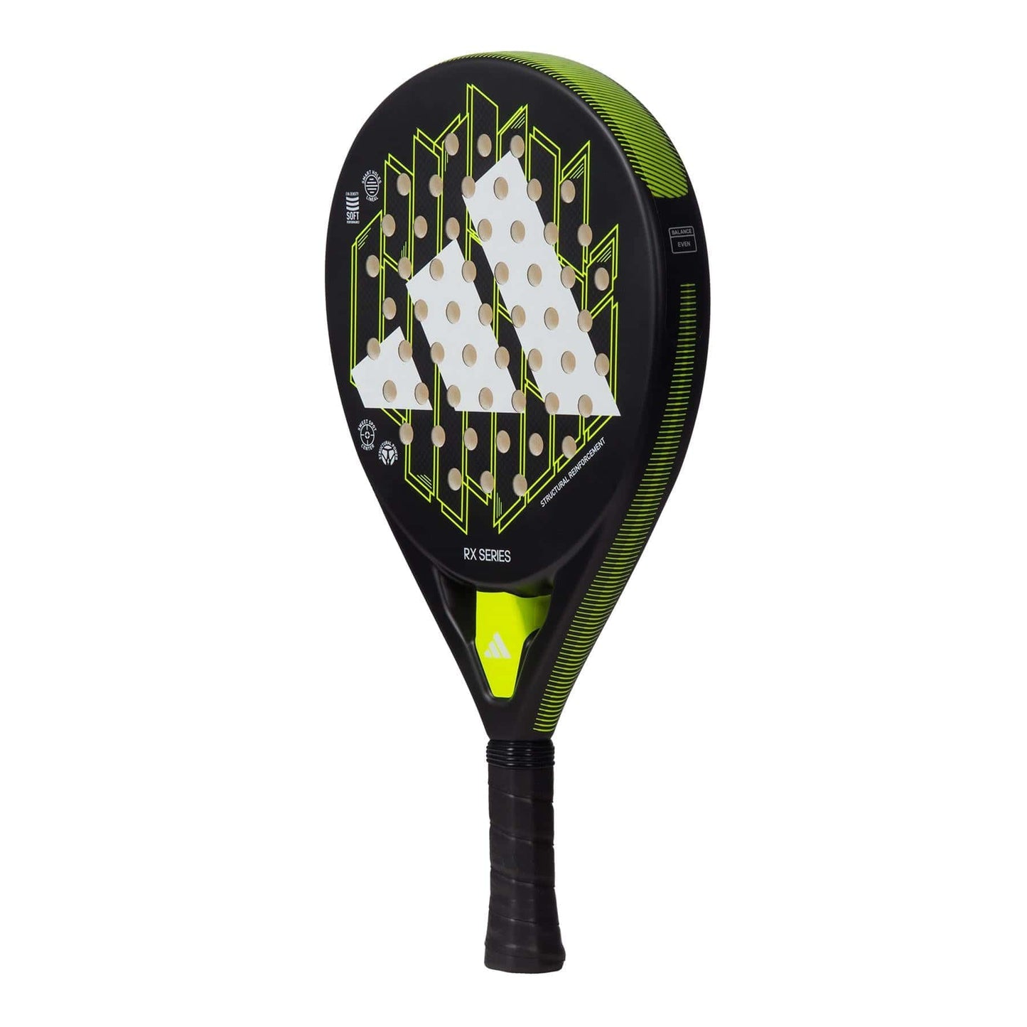 The adidas RX Series Lime Padel Racket is black with green accents and a large white logo, featuring a perforated design and black grip—ideal for beginner to intermediate players.