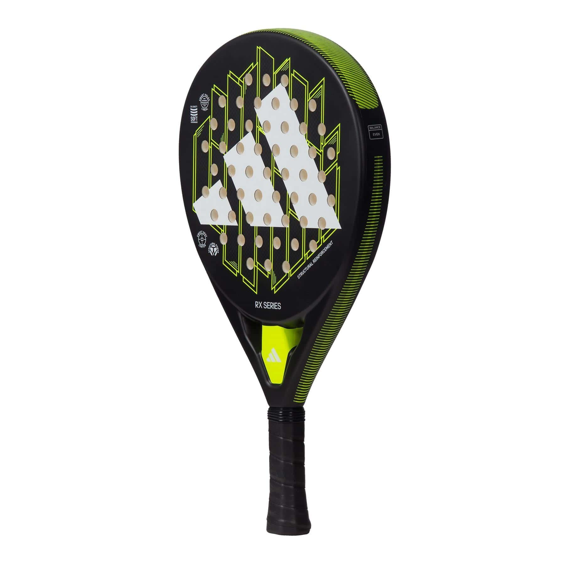 The adidas RX Series Lime Padel Racket is black with green accents and a large white logo, featuring a perforated design and black grip—ideal for beginner to intermediate players.