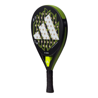 The adidas RX Series Lime Padel Racket is black with green accents and a large white logo, featuring a perforated design and black grip—ideal for beginner to intermediate players.