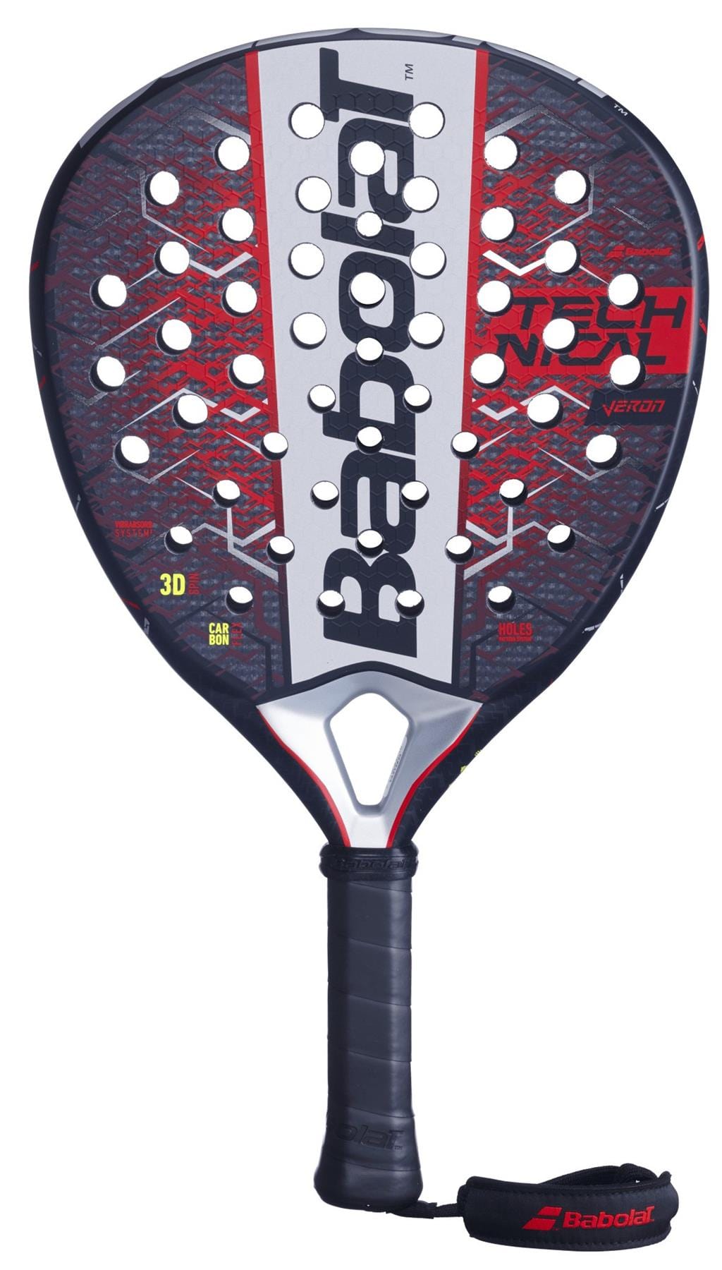 The Babolat Technical Veron 2.5 Padel Racket by Babolat features a striking black, grey, and red design with large circular holes, delivering dynamic power through advanced construction and includes a black grip handle plus secure wrist strap.