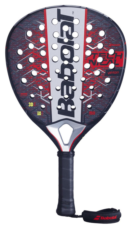 The Babolat Technical Veron 2.5 Padel Racket by Babolat features a striking black, grey, and red design with large circular holes, delivering dynamic power through advanced construction and includes a black grip handle plus secure wrist strap.