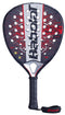 The Babolat Technical Veron 2.5 Padel Racket by Babolat features a striking black, grey, and red design with large circular holes, delivering dynamic power through advanced construction and includes a black grip handle plus secure wrist strap.