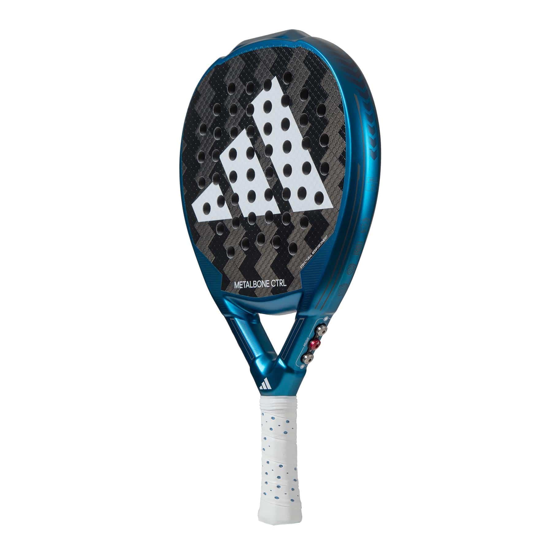 The adidas Metalbone CTRL 3.3 Padel Racket is a blue and black racket with a white grip, designed for advanced players, featuring bold white adidas stripes and "METALBONE CTRL" text on the head.