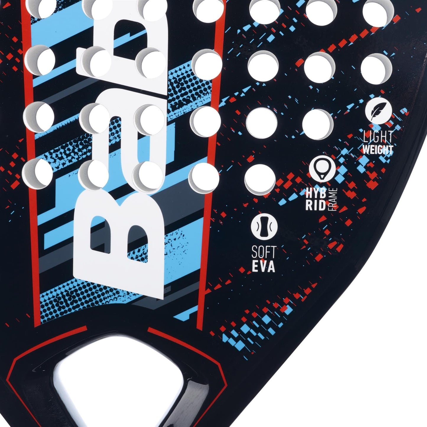 Close-up of the Babolat Reflex Padel Racket by Babolat, featuring a diamond shape, white circular holes, blue and red graphics, "Babolat" branding, plus icons for Light Weight, Hybrid Frame, and Soft EVA technology.