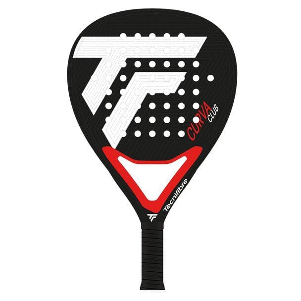 The Tecnifibre Curva Club Padel Racket by Tecnifibre features a black teardrop-shaped head, white geometric patterns, red accents, “CURVA CLUB” and "Tecnifibre" on the face, multiple surface holes, and a handle with black grip tape.