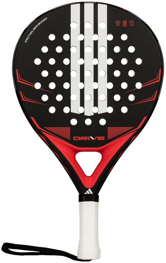 The adidas Drive Black 2026 Padel Racket features a black and red fibreglass design, white dots, vertical stripes, a white handle with black wrist strap, and “DRIVE” in red—ideal for beginners.