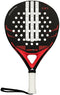 The adidas Drive Black 2026 Padel Racket features a black and red fibreglass design, white dots, vertical stripes, a white handle with black wrist strap, and “DRIVE” in red—ideal for beginners.