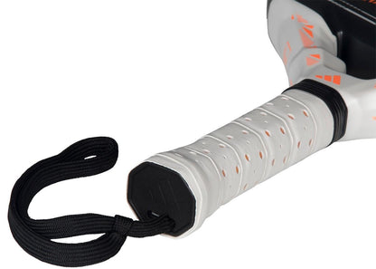 Close-up of the white handle on the adidas Metalbone Team Light 2026 padel racket, featuring perforated grip tape and a black wrist strap. The top of this advanced-level adidas racket is also partly visible.