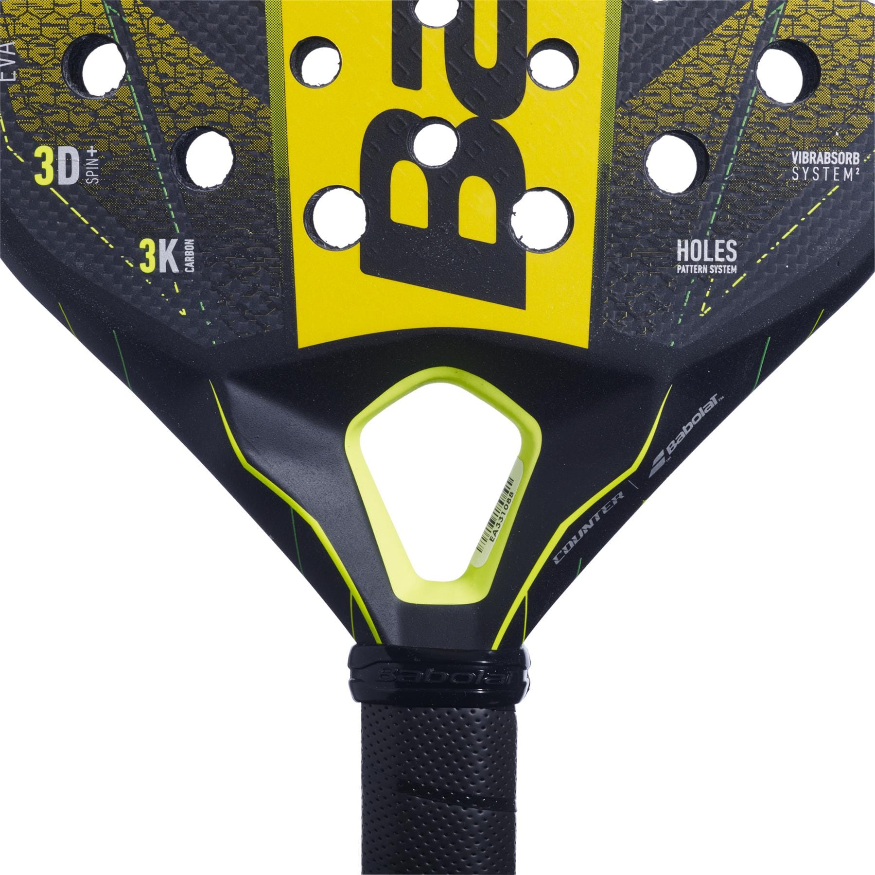 Close-up of the Babolat Counter Viper Padel Racket in black and yellow, showcasing the Babolat branding, perforated holes, grip handle, textured surface for power and control, and technical specs on the frame.