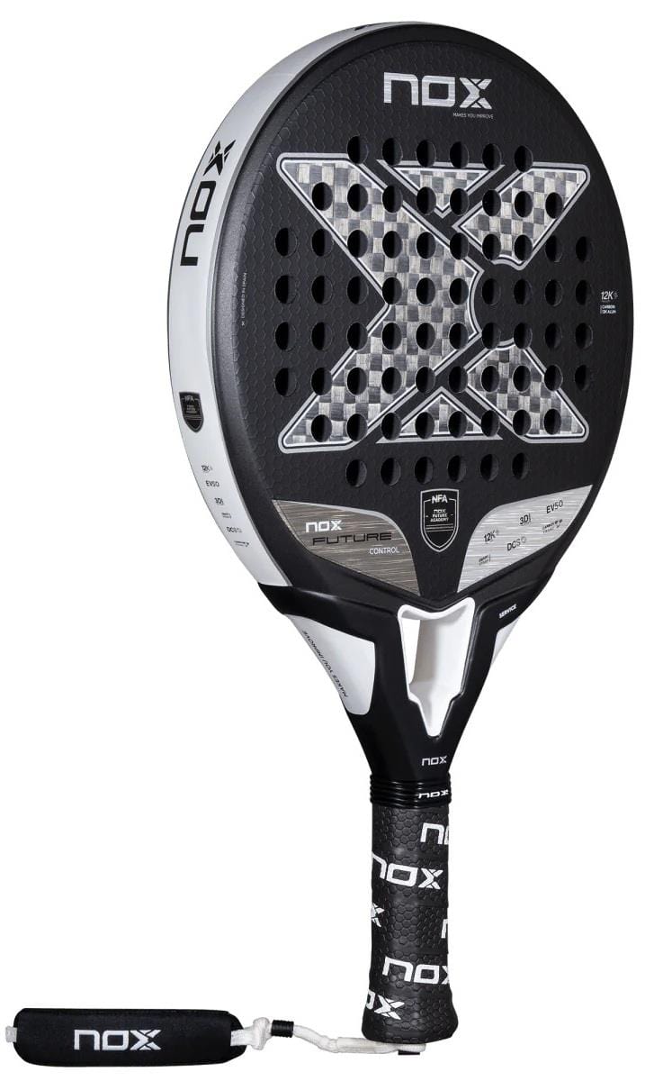 The NOX NFA Future Control 12K Alum Padel Racket by NOX features a black and white design with a large "X" on the Carbon 12K face, plus a black grip and wrist strap.