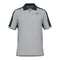 The HEAD Performance Play Tech Men's Polo Shirt - GRCE is crafted from Moisture Transfer Microfiber to enhance breathability. It features a light gray body with a discreet logo on the left chest, dark navy shoulder panels and sleeves, green trim at the cuffs, and is finished with a classic collar and button-down placket.