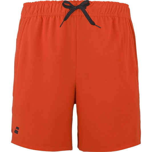 The Babolat Play Mens Padel Shorts - Cherry Tomato feature recycled polyester, an elastic waistband with black drawstring, a small black logo on the lower left leg, and a sporty design—ideal for active days.