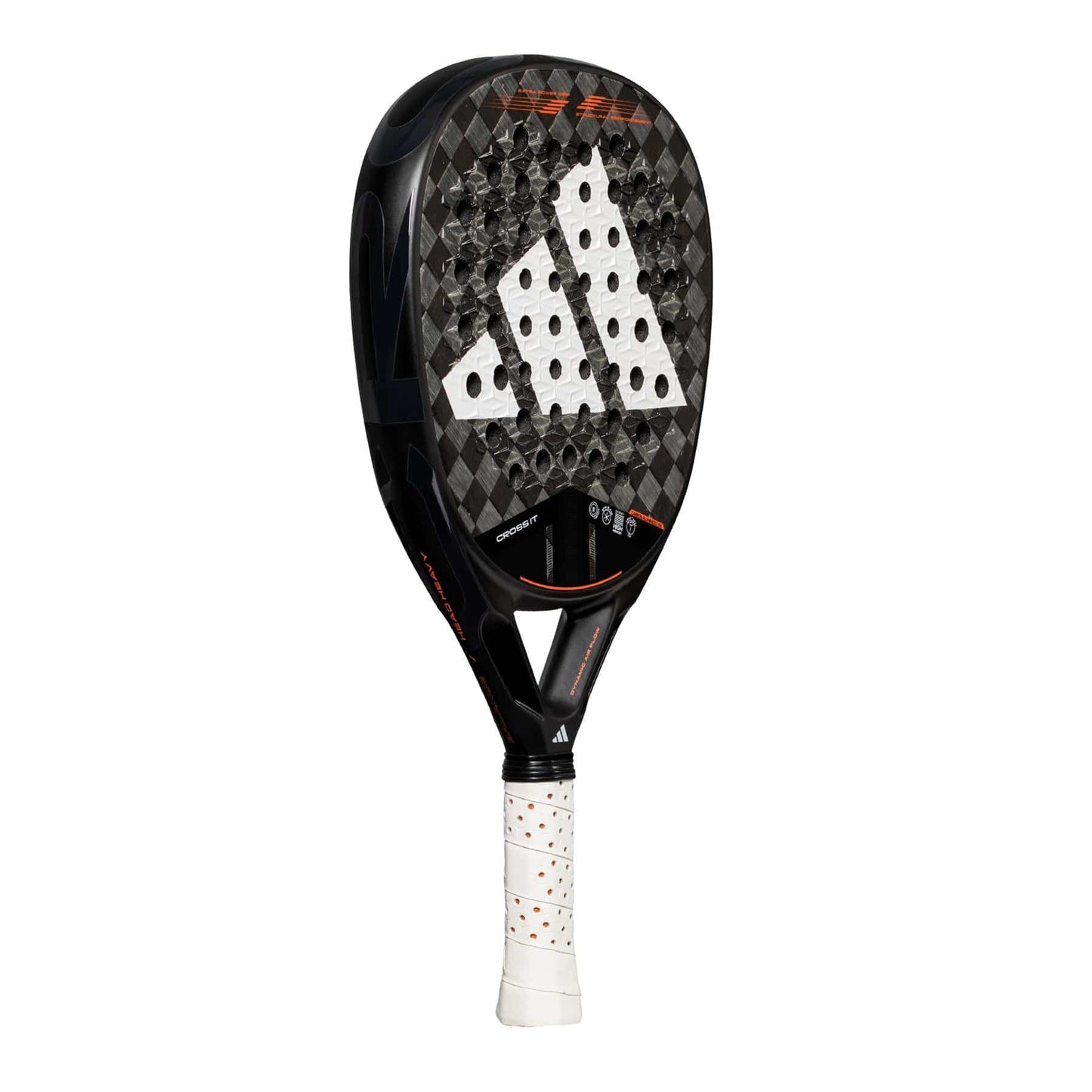 The adidas Cross It 3.4 Padel Racket features a black Carbon 15K face with a checkered pattern, large white logo, orange accents, and a white grip with orange dots—perfect for aggressive players seeking power and control.