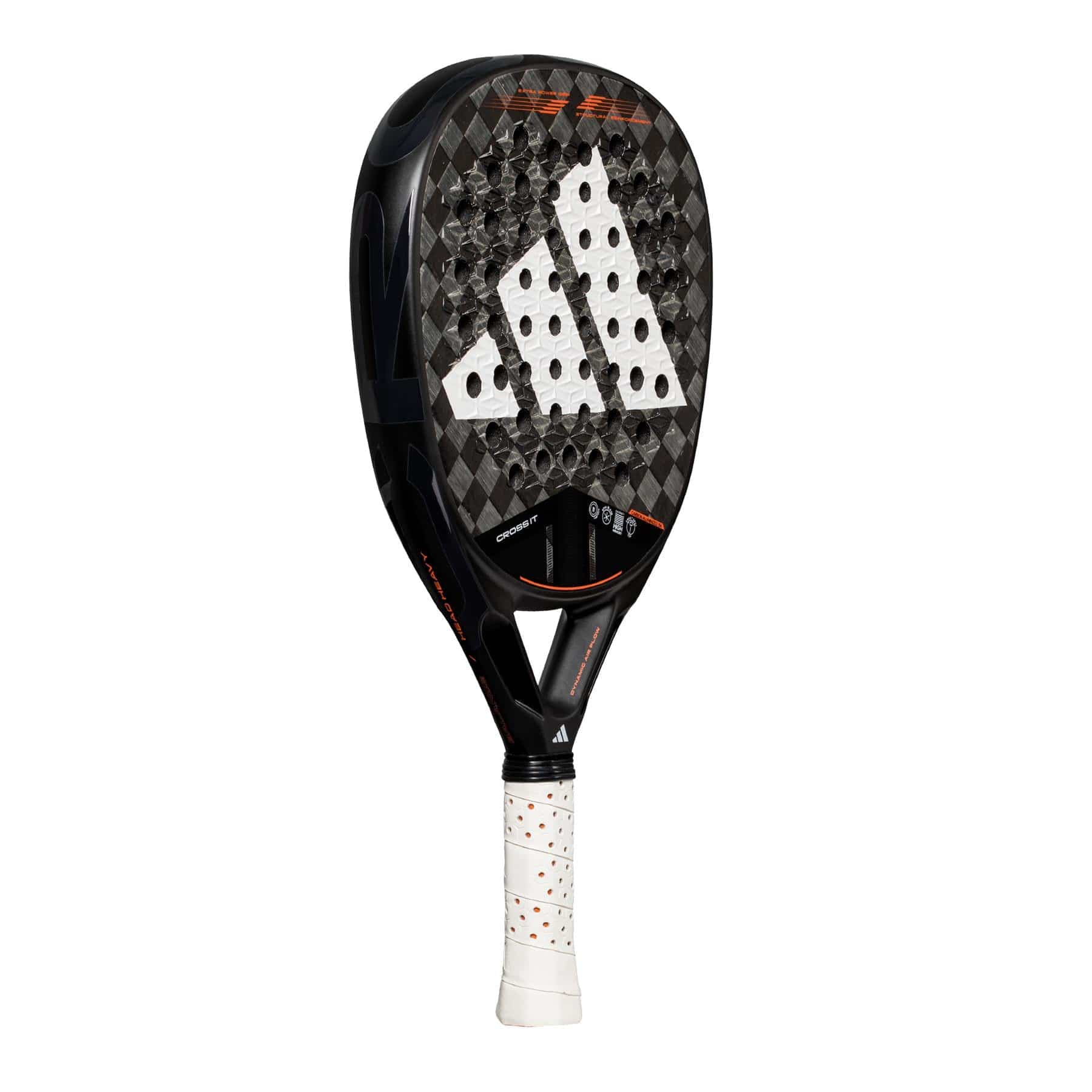 The adidas Cross It 3.4 Padel Racket features a black Carbon 15K face with a checkered pattern, large white logo, orange accents, and a white grip with orange dots—perfect for aggressive players seeking power and control.