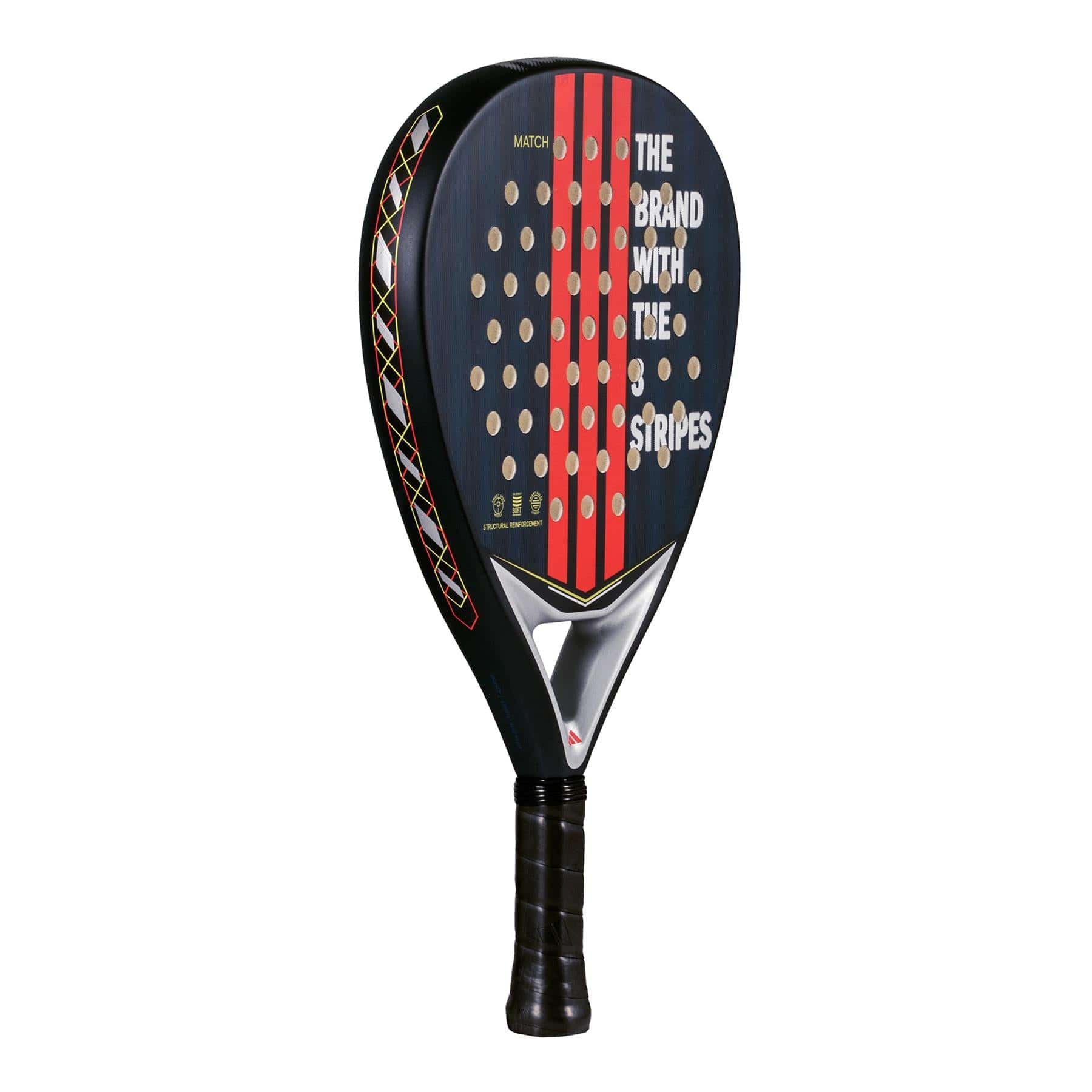 The adidas Match Blue 3.4 Padel Racket features a black design with three bold red stripes, gold-accented Smart Holes Lineal pattern, “THE BRAND WITH THE 3 STRIPES” in white, a hybrid AllRound head shape, and a textured black grip.