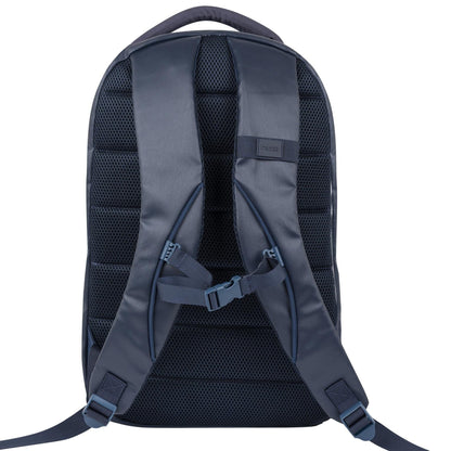 The NOX Pro Series Padel Backpack - Blue by NOX is shown from the back, featuring padded, adjustable shoulder straps, a ventilated padded back panel, and a small top fabric handle.