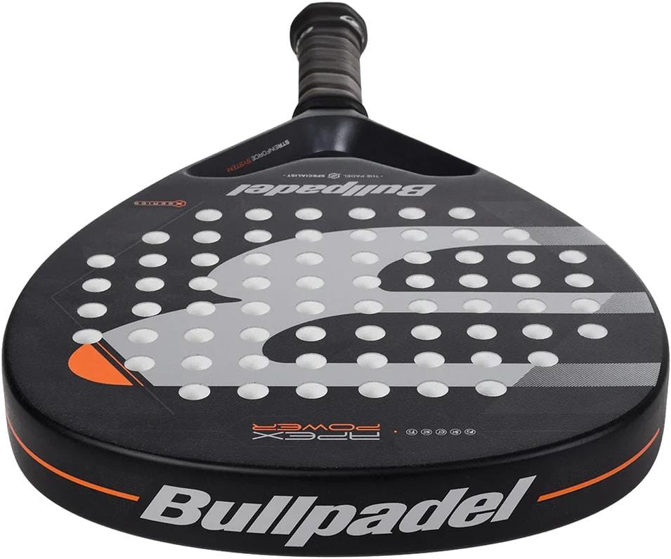 A close-up of the Bullpadel Apex Power 2025 Padel Racket, featuring white and orange accents, a perforated surface, and the Bullpadel logo—an ideal power racket for intermediate players.