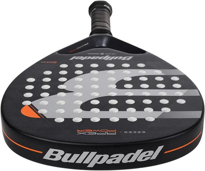 A close-up of the Bullpadel Apex Power 2025 Padel Racket, featuring white and orange accents, a perforated surface, and the Bullpadel logo—an ideal power racket for intermediate players.