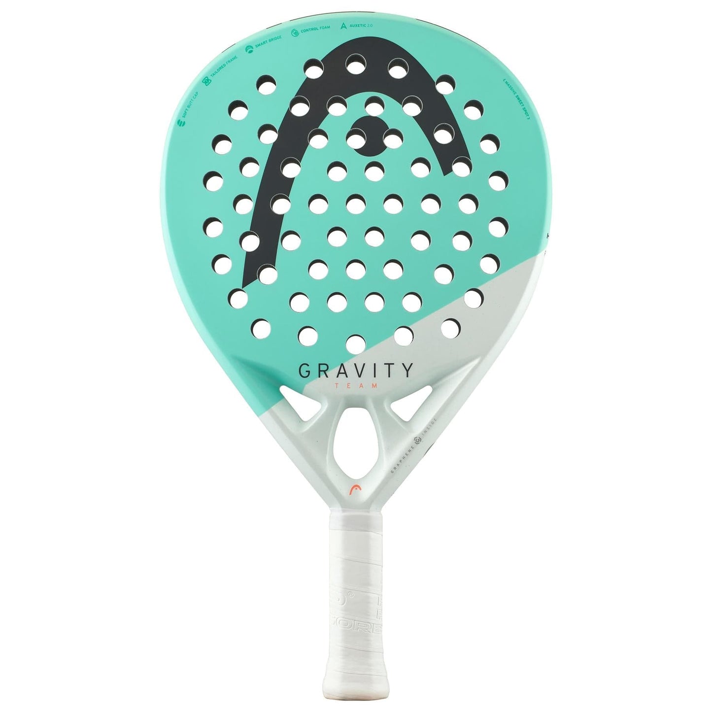 The HEAD Gravity Team 2024 Padel Racket in teal and white features Auxetic 2.0 technology, a bold black logo, round holes, and "GRAVITY" text above the handle—perfect for intermediate padel players.