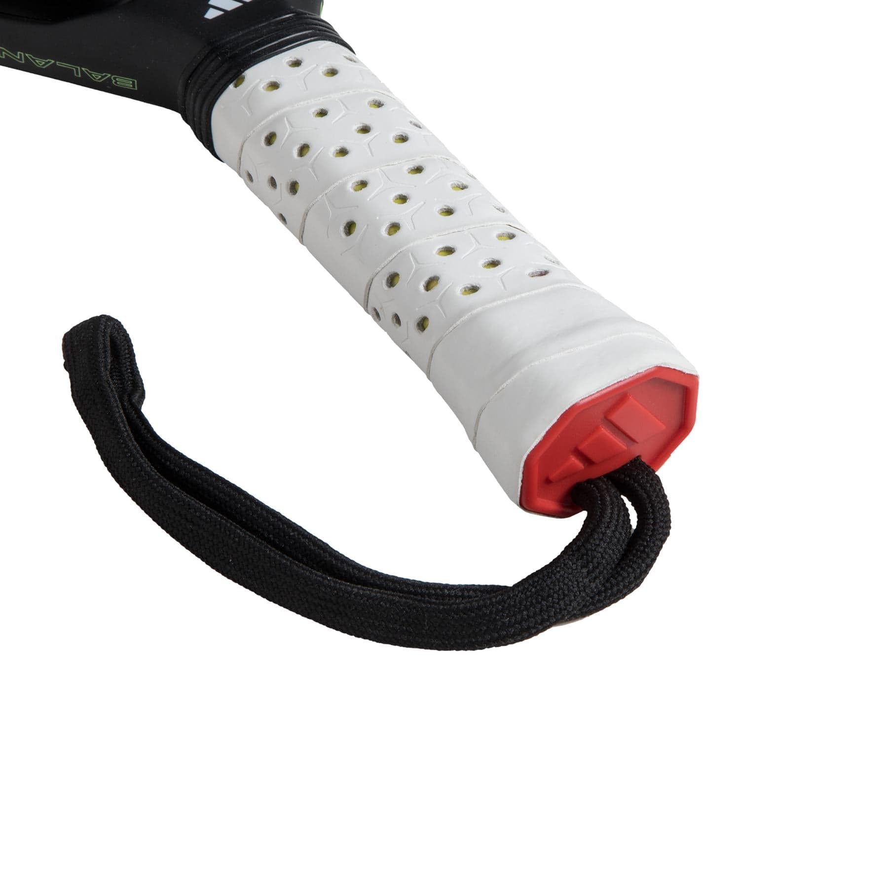 Close-up of the adidas Cross It CTRL 3.4 Padel Racket handle, featuring a white perforated grip, black wrist strap, and red end cap—showcasing its premium Carbon 15K face for advanced performance.