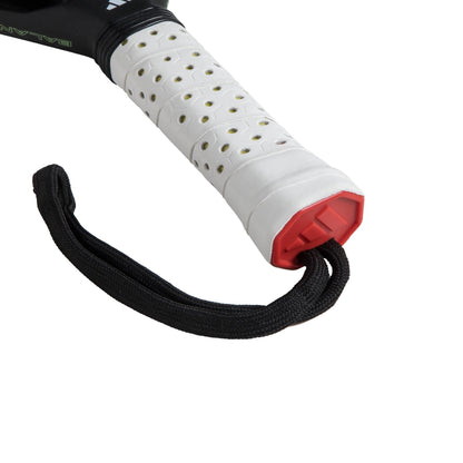 Close-up of the adidas Cross It CTRL 3.4 Padel Racket handle, featuring a white perforated grip, black wrist strap, and red end cap—showcasing its premium Carbon 15K face for advanced performance.