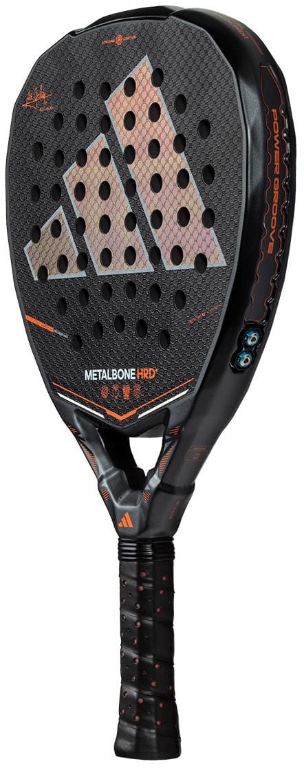 The adidas Metalbone HRD+ by Ale Galán 2026 Padel Racket features a power-focused design with black and orange details, a honeycomb-patterned face, bold adidas logo, and "METALBONE HRD" printed on the handle.