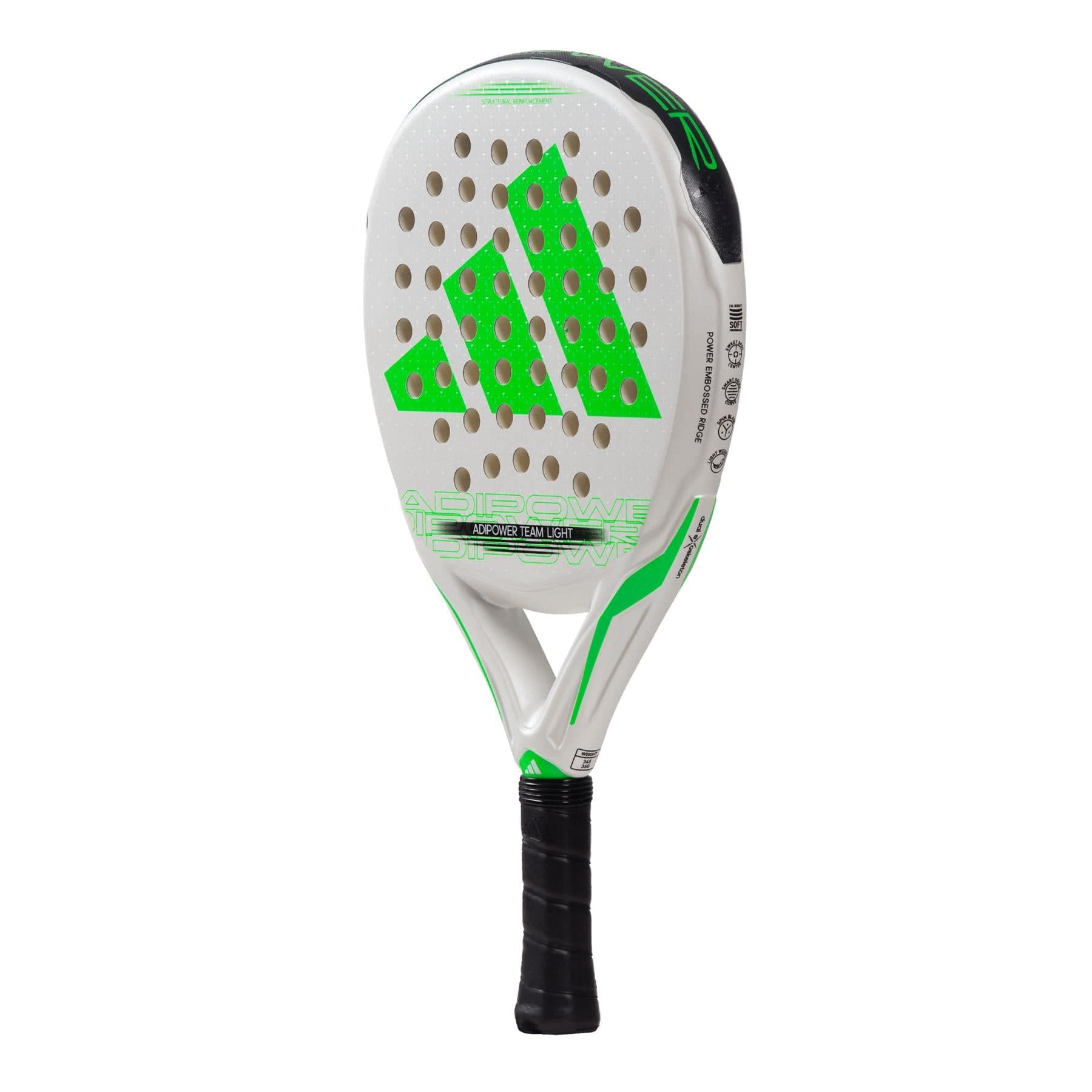 The adidas ADIDAS Adipower Team Light 3.3 Padel Racket is a lightweight white padel racket with green accents, large adidas logo, perforated face, black textured grip, and "Adipower Team" branding—designed for top performance.