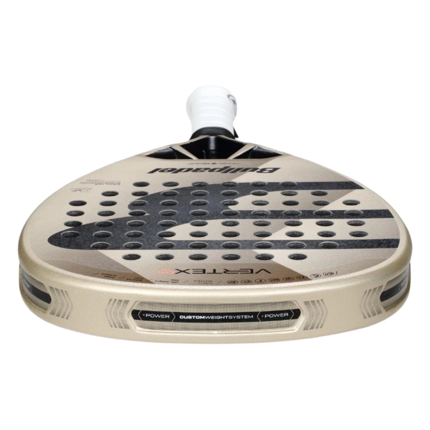 A close-up of the Bullpadel Vertex 04 W 2025 padel racket for advanced players, showing its beige body with black accents, perforated face, white grip, and "Vertex" and "Custom Weight System" near the bottom edge.