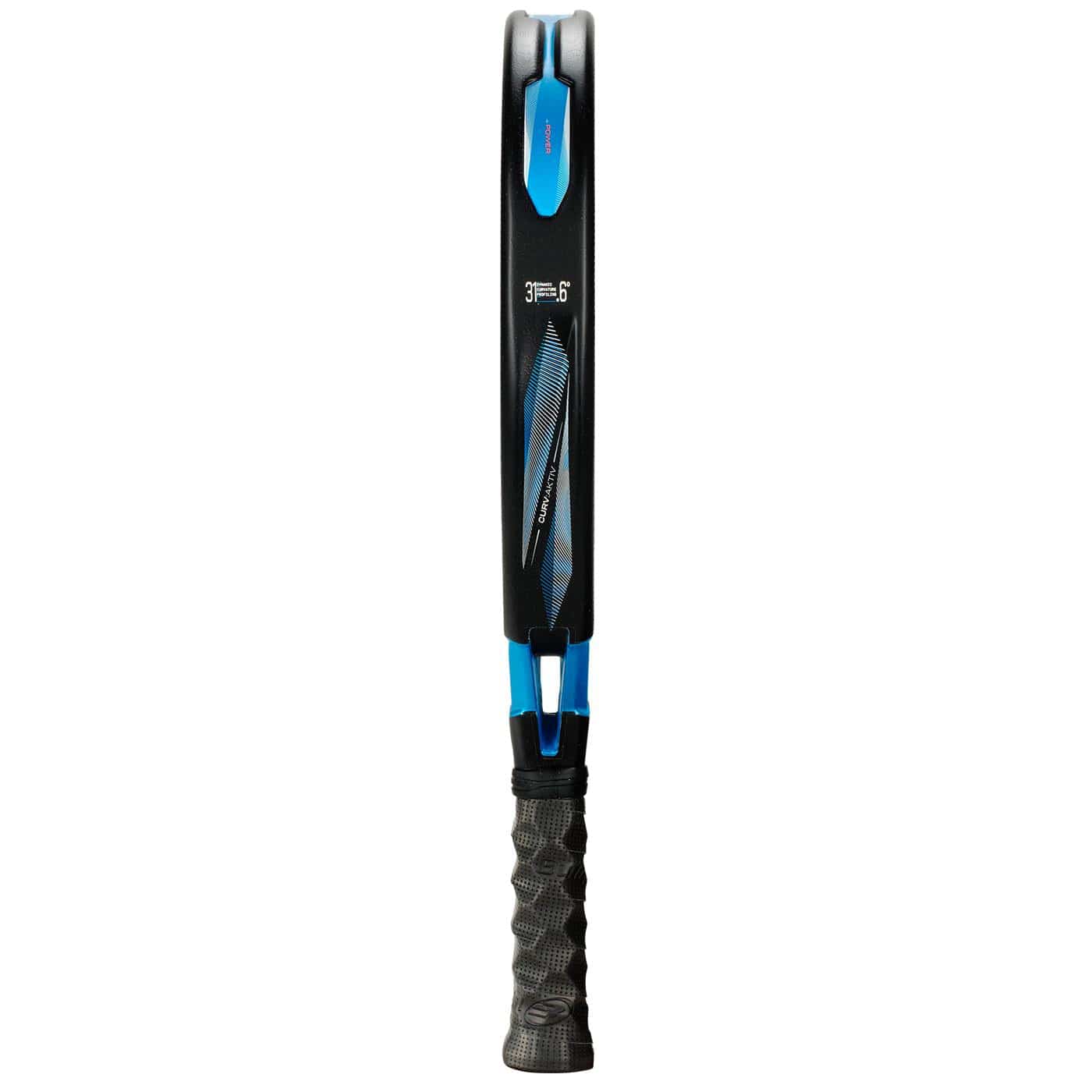 Two Bullpadel Vertex 05 Hybrid 2026 Padel Rackets, featuring black and blue frames, are stacked face to face to display their hybrid shapes in side view with visible black grip handles.