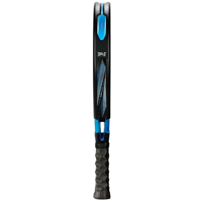 Two Bullpadel Vertex 05 Hybrid 2026 Padel Rackets, featuring black and blue frames, are stacked face to face to display their hybrid shapes in side view with visible black grip handles.