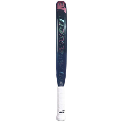 A close-up of the Babolat Reveal Padel Racket shows “REVEAL” in pink on its black frame. This lightweight racket by Babolat has a white grip and is ideal for beginner players.